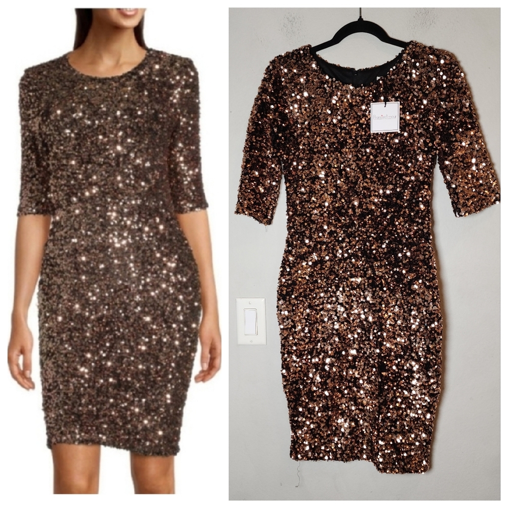 NWT Premier Amour Copper Bronze Brown Sequin Sheath Dress Stretch 1/2 Sleeve 8